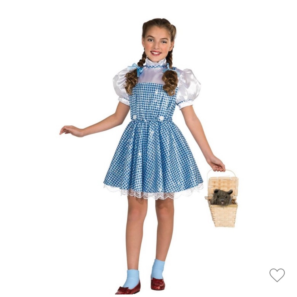 Dorothy kids  Costume with dog, basket, and hair ribbons.
